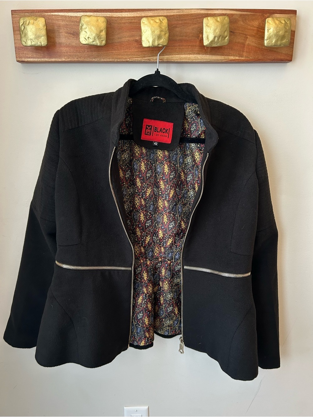 Black Wool Blend Jacket - Tailored with Zipper Detailing Edgy Feminine Moto Fall